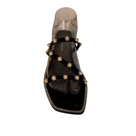 Steve Madden Black Pearl-Studded Flat Sandals With Rhinestone Trim Womens Size 9 - Picture 11 of 11